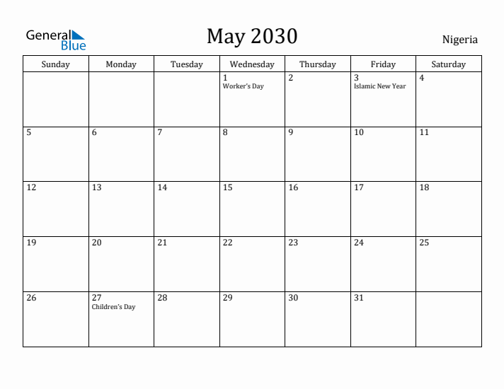 May 2030 Calendar Nigeria