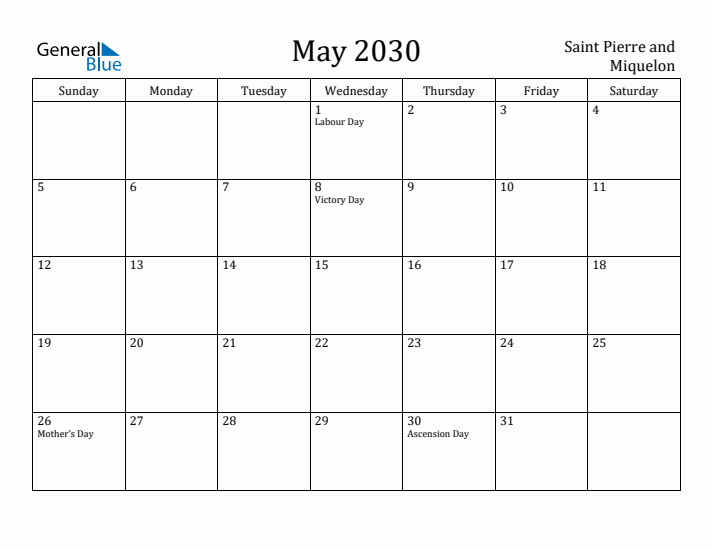 May 2030 Calendar Saint Pierre and Miquelon