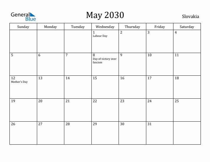May 2030 Calendar Slovakia