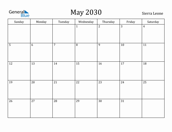 May 2030 Calendar Sierra Leone