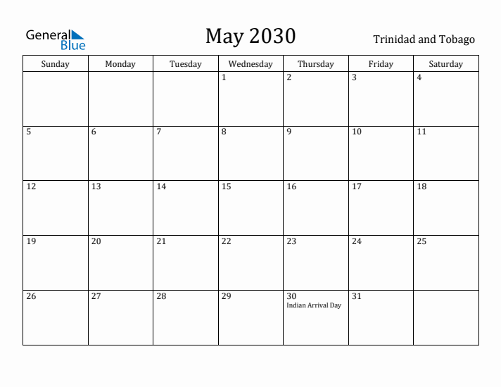 May 2030 Calendar Trinidad and Tobago