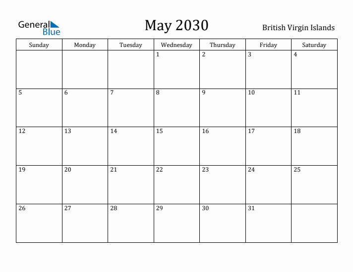 May 2030 Calendar British Virgin Islands