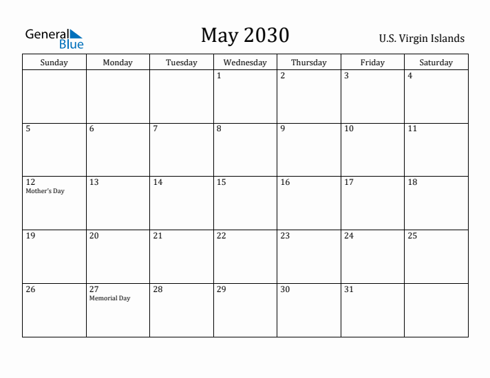 May 2030 Calendar U.S. Virgin Islands