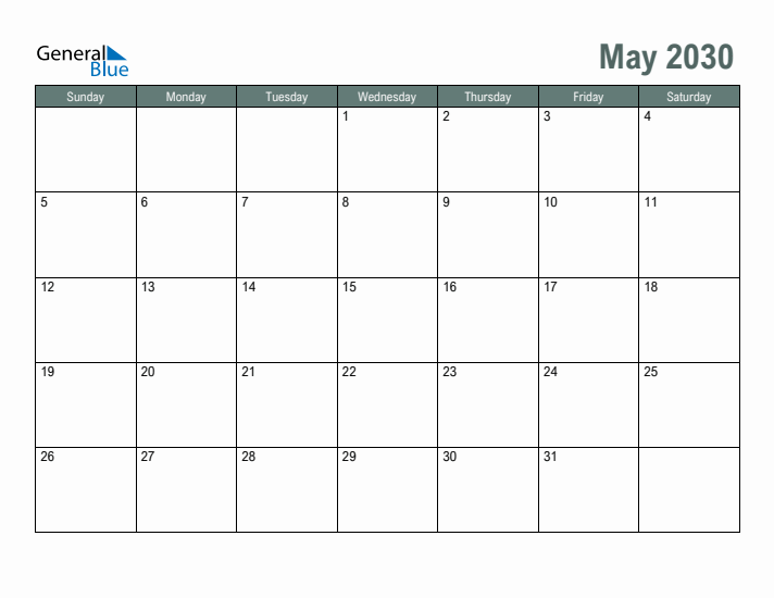 Free Printable May 2030 Calendar