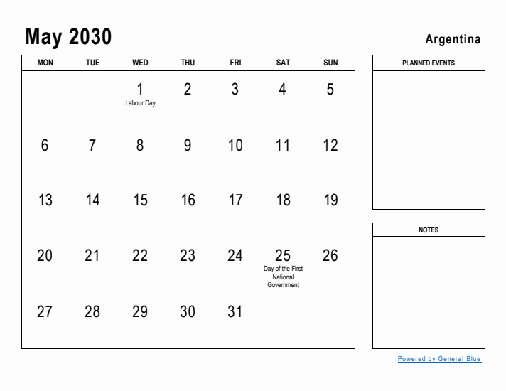 May 2030 Printable Monthly Calendar with Argentina Holidays