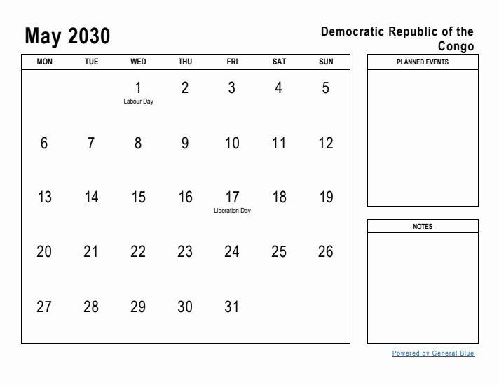 May 2030 Printable Monthly Calendar with Democratic Republic of the Congo Holidays