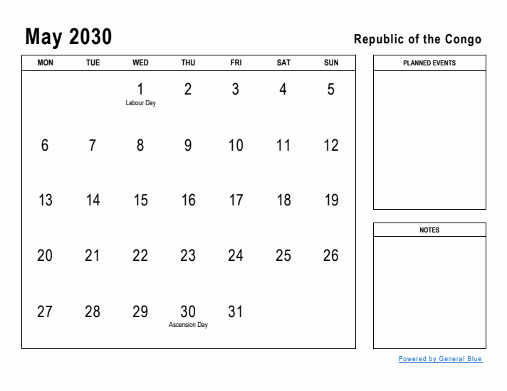 May 2030 Printable Monthly Calendar with Republic of the Congo Holidays