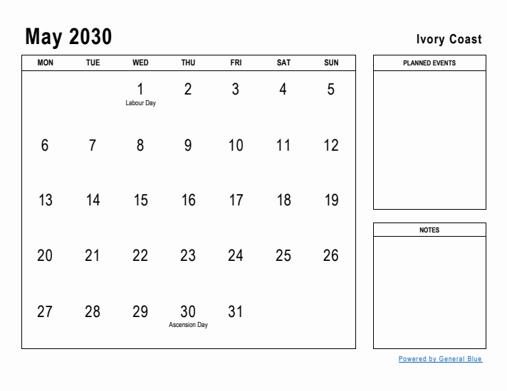 May 2030 Printable Monthly Calendar with Ivory Coast Holidays