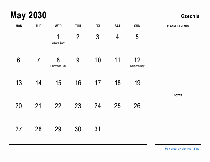 May 2030 Printable Monthly Calendar with Czechia Holidays
