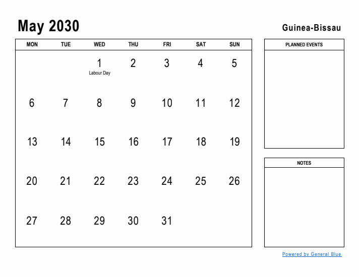 May 2030 Printable Monthly Calendar with Guinea-Bissau Holidays
