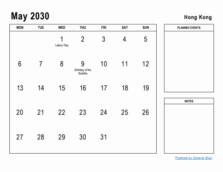 May 2030 Printable Monthly Calendar with Hong Kong Holidays