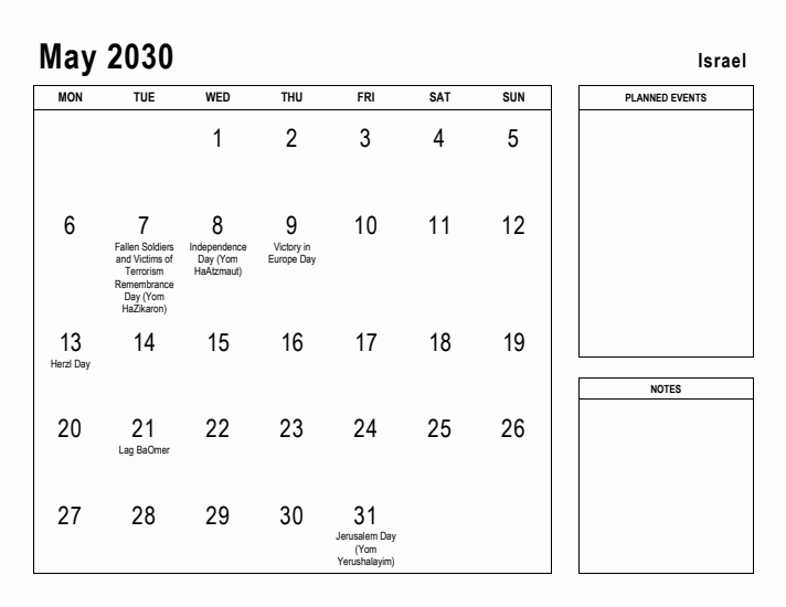 May 2030 Printable Monthly Calendar with Israel Holidays