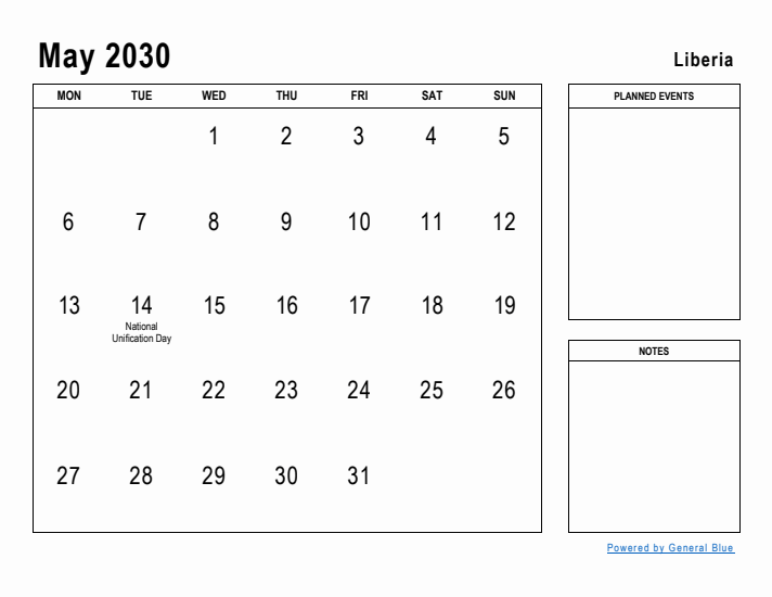 May 2030 Printable Monthly Calendar with Liberia Holidays