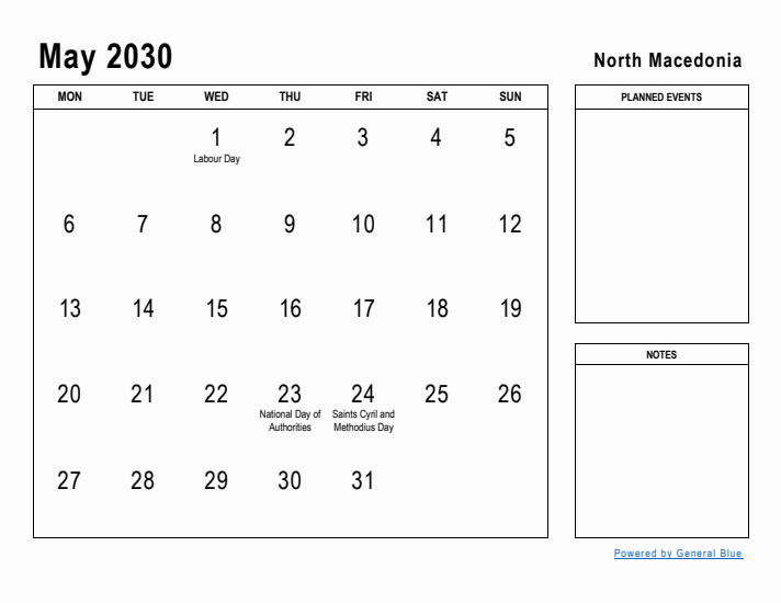 May 2030 Printable Monthly Calendar with North Macedonia Holidays