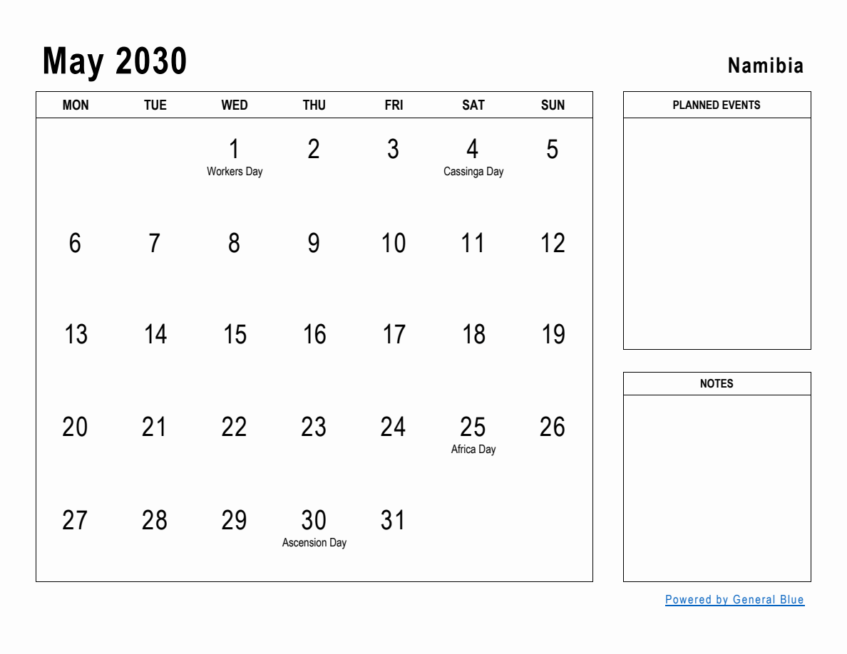 May 2030 Planner with Namibia Holidays