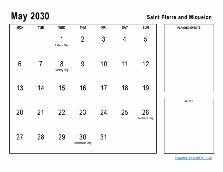 May 2030 Printable Monthly Calendar with Saint Pierre and Miquelon Holidays