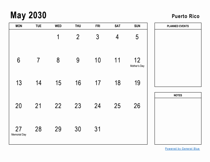 May 2030 Printable Monthly Calendar with Puerto Rico Holidays