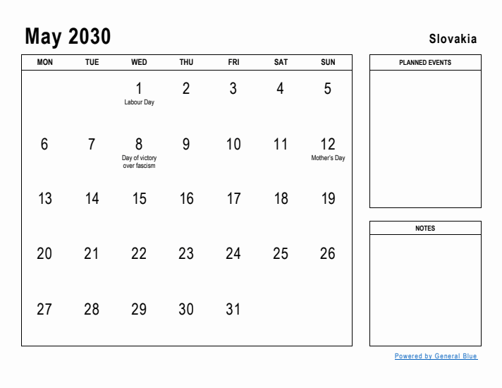 May 2030 Printable Monthly Calendar with Slovakia Holidays