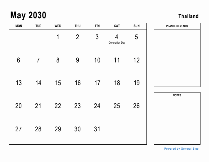 May 2030 Printable Monthly Calendar with Thailand Holidays