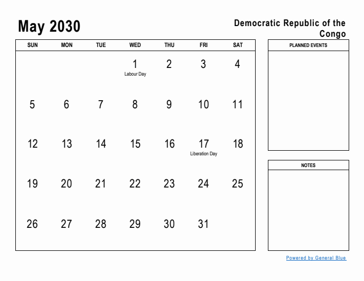 May 2030 Printable Monthly Calendar with Democratic Republic of the Congo Holidays
