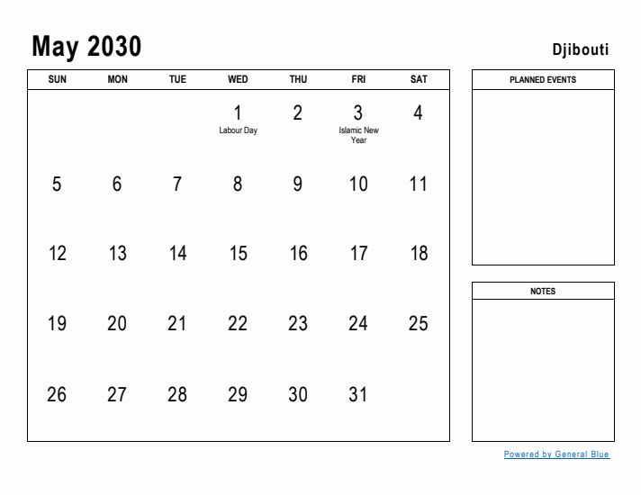 May 2030 Printable Monthly Calendar with Djibouti Holidays