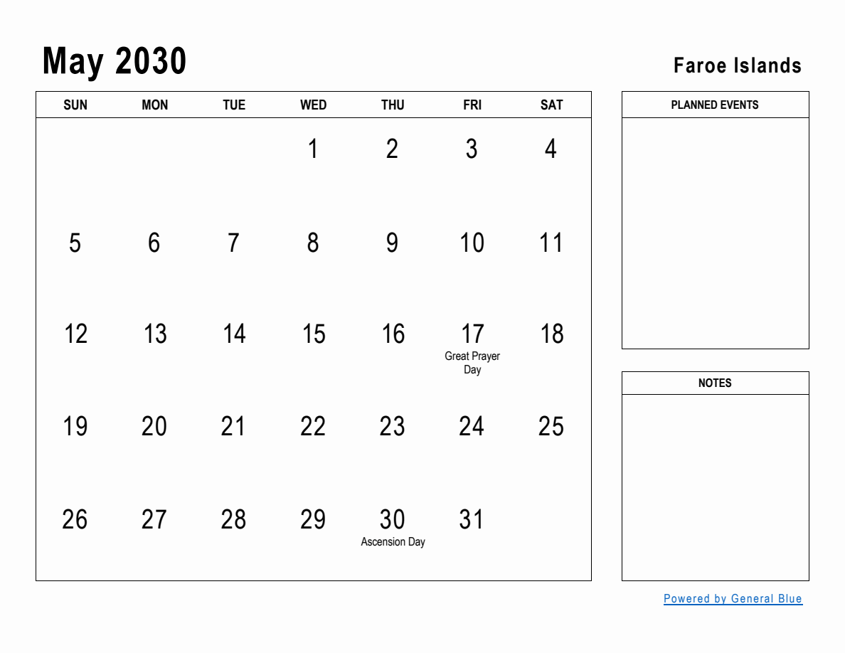 May 2030 Planner with Faroe Islands Holidays