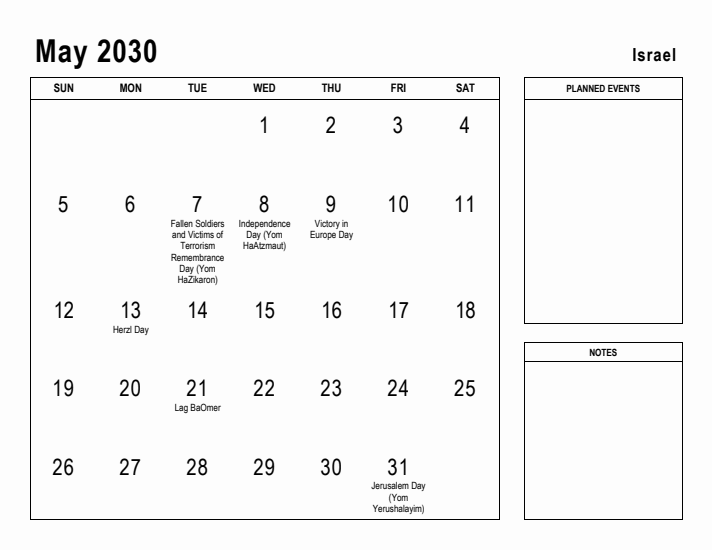 May 2030 Printable Monthly Calendar with Israel Holidays