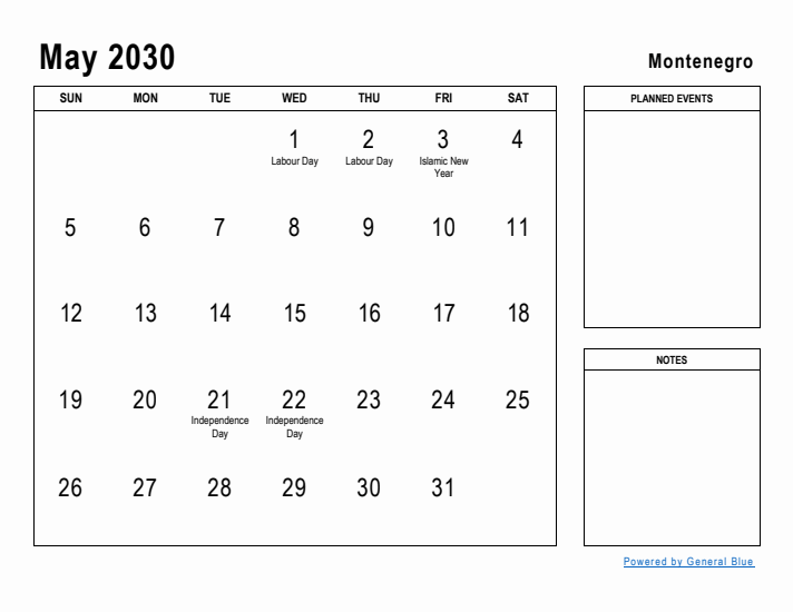 May 2030 Printable Monthly Calendar with Montenegro Holidays