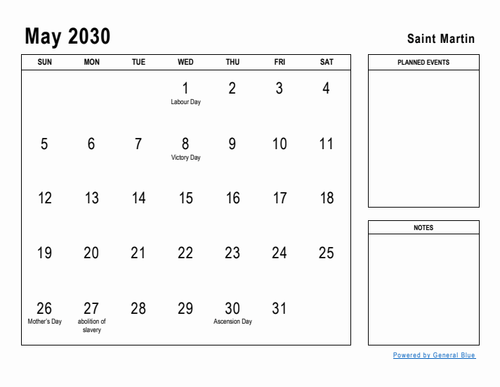 May 2030 Printable Monthly Calendar with Saint Martin Holidays