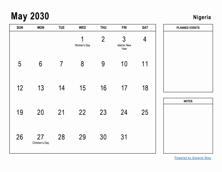 May 2030 Printable Monthly Calendar with Nigeria Holidays