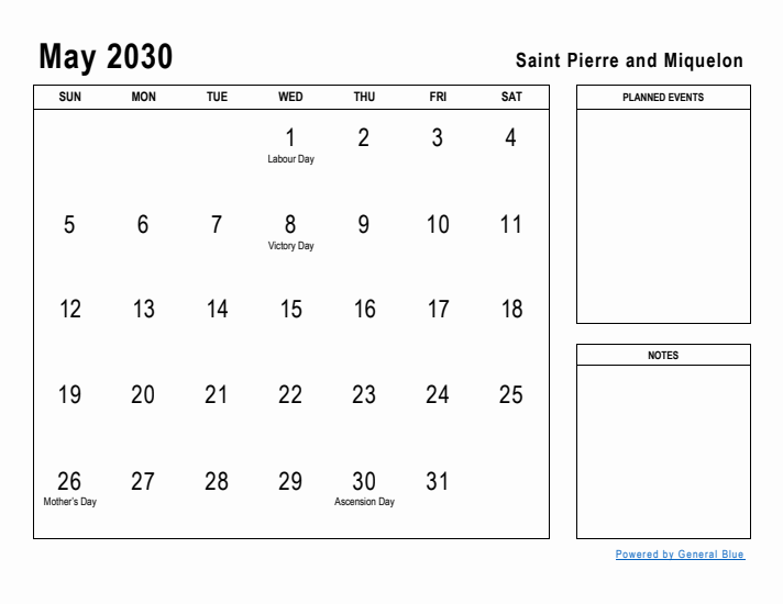 May 2030 Printable Monthly Calendar with Saint Pierre and Miquelon Holidays