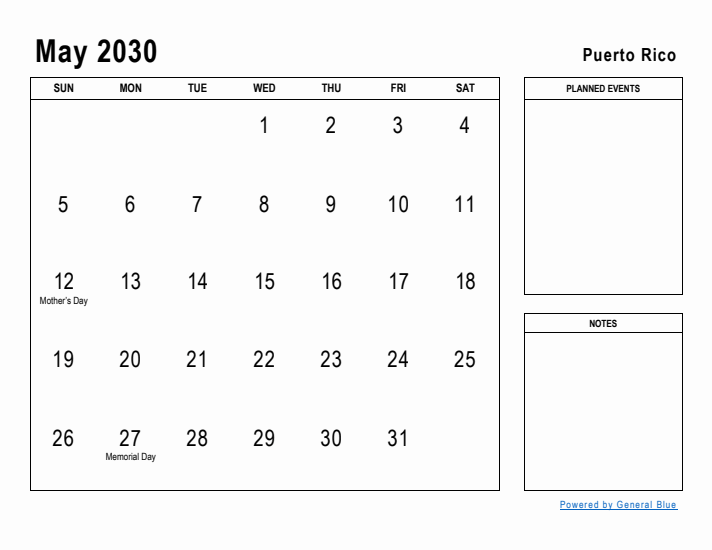 May 2030 Printable Monthly Calendar with Puerto Rico Holidays