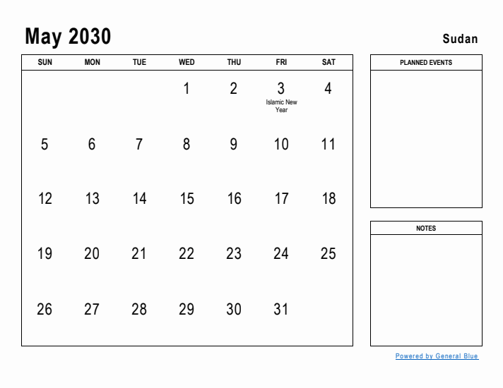 May 2030 Printable Monthly Calendar with Sudan Holidays