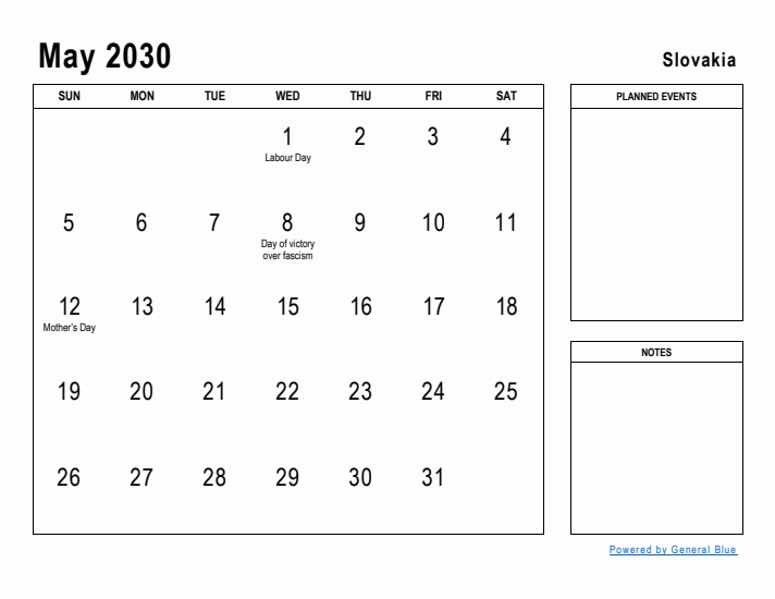 May 2030 Printable Monthly Calendar with Slovakia Holidays