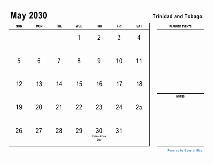 May 2030 Printable Monthly Calendar with Trinidad and Tobago Holidays