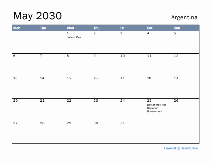 May 2030 Simple Monthly Calendar for Argentina