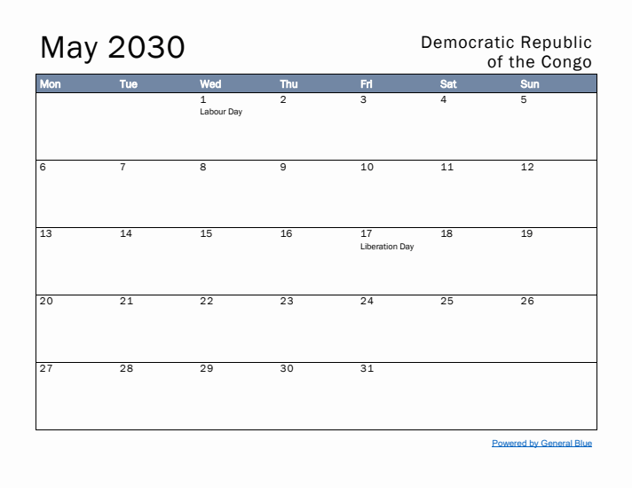 May 2030 Simple Monthly Calendar for Democratic Republic of the Congo