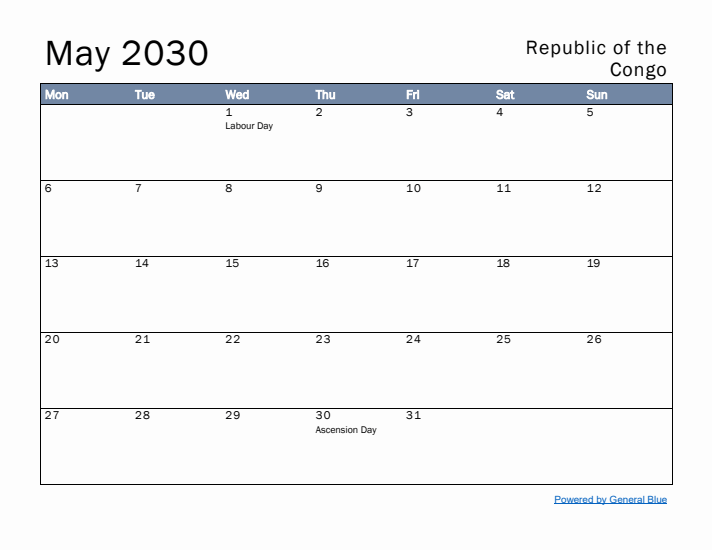 May 2030 Simple Monthly Calendar for Republic of the Congo