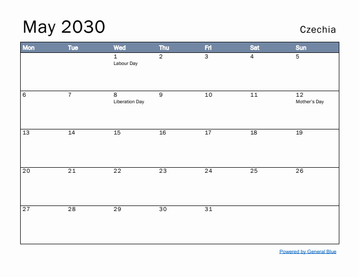 May 2030 Simple Monthly Calendar for Czechia