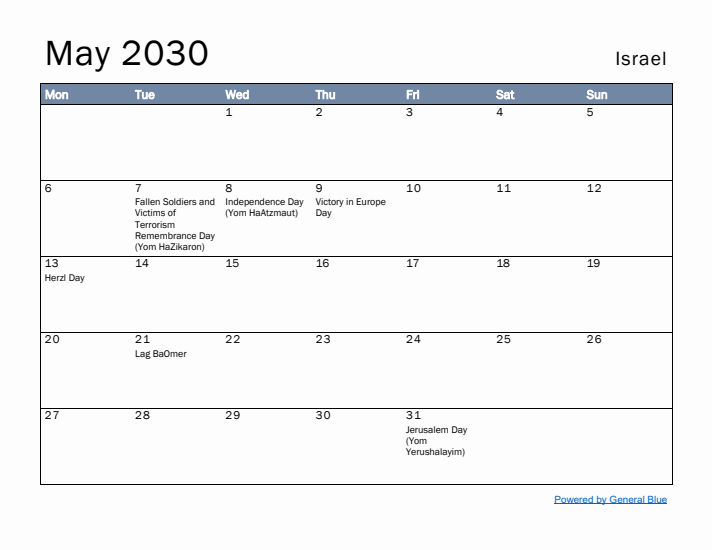 May 2030 Simple Monthly Calendar for Israel