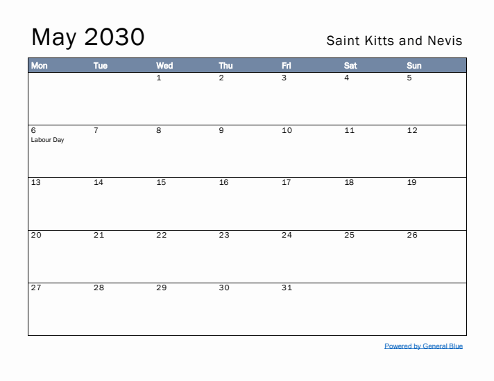 May 2030 Simple Monthly Calendar for Saint Kitts and Nevis