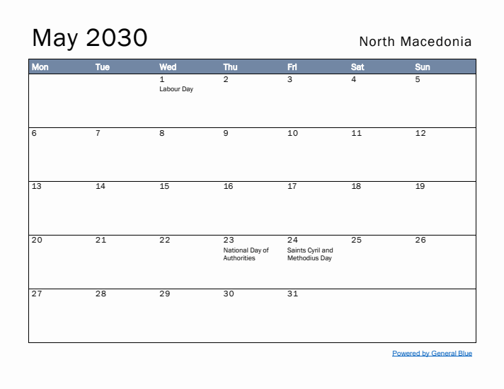 May 2030 Simple Monthly Calendar for North Macedonia