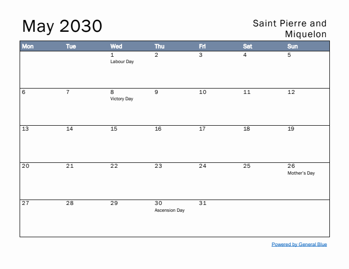 May 2030 Simple Monthly Calendar for Saint Pierre and Miquelon