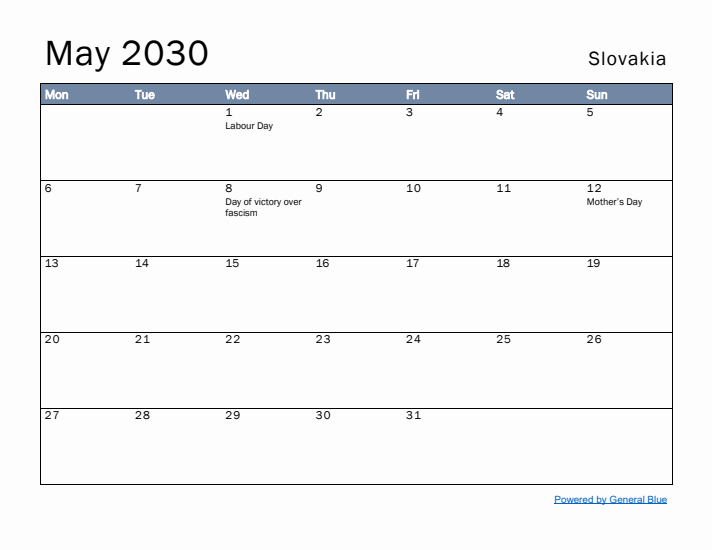 May 2030 Simple Monthly Calendar for Slovakia