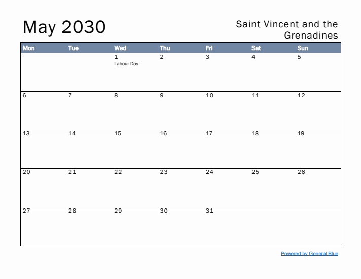 May 2030 Simple Monthly Calendar for Saint Vincent and the Grenadines