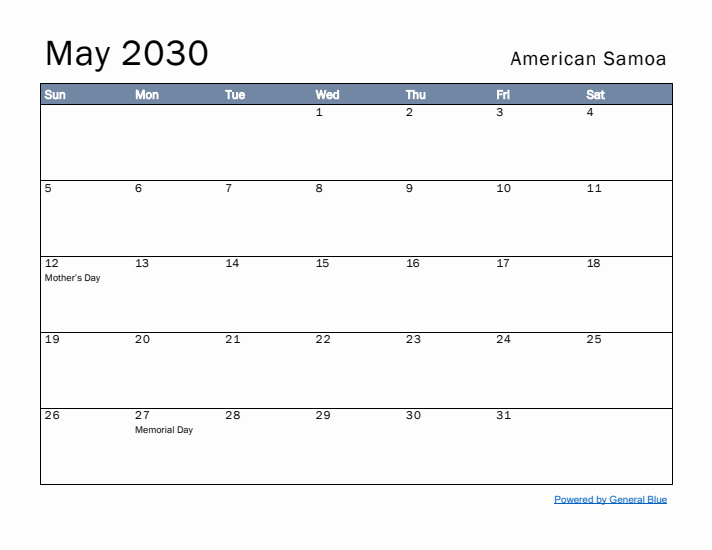 May 2030 Simple Monthly Calendar for American Samoa