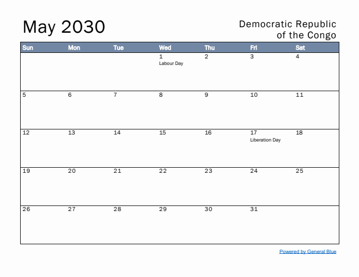 May 2030 Simple Monthly Calendar for Democratic Republic of the Congo