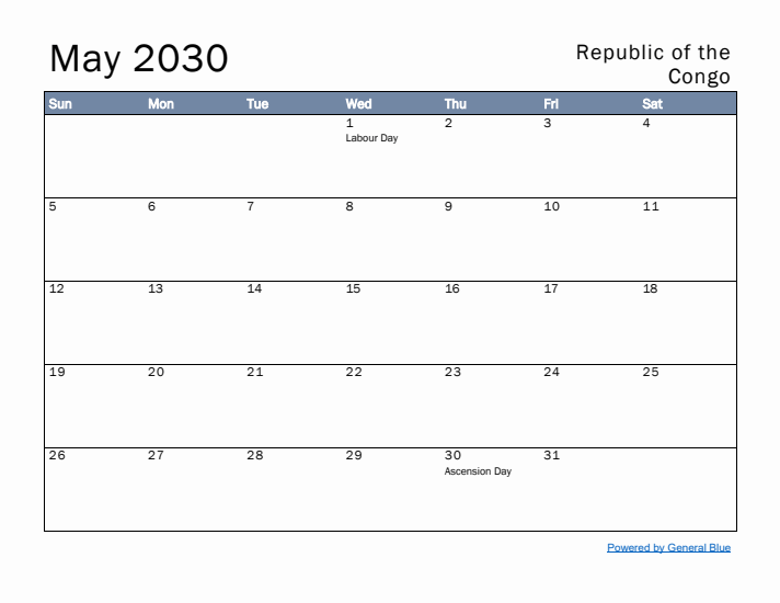 May 2030 Simple Monthly Calendar for Republic of the Congo