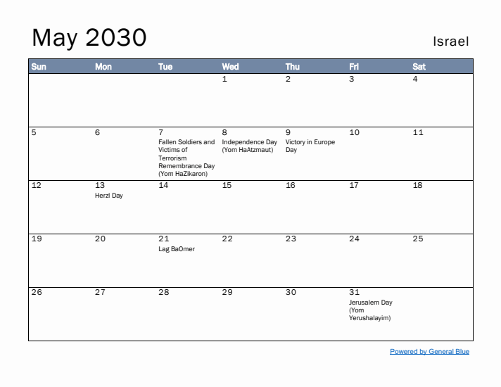 May 2030 Simple Monthly Calendar for Israel