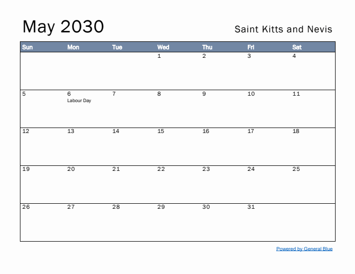 May 2030 Simple Monthly Calendar for Saint Kitts and Nevis